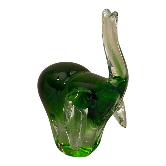 Vintage Murano-style Green Glass Elephant Figurines Paperweight Decor - set of 2 - Picture 2 of 7